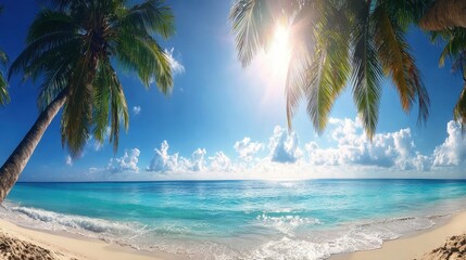 Fototapeta premium Serene Beach Scene with Palm Trees under Clear Blue Sky