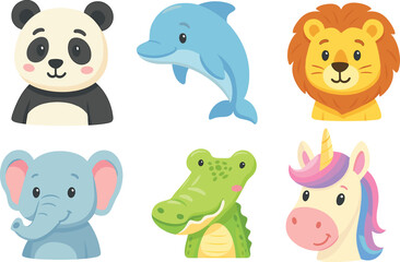 Cute kid cartoon animal set with unicorn crocodile dolphin panda elephant lion
