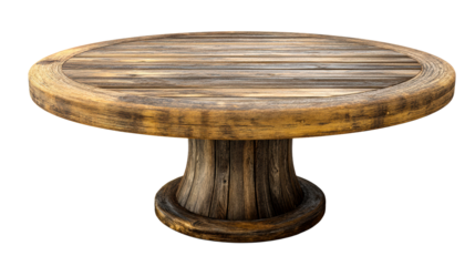 Round wooden table with rustic textured surface and pedestal base, cut out transparent