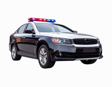 Modern Police Sedan Side View with Emergency Lights, Isolated Transparent Background PNG - Powered by Adobe
