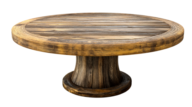 Round wooden table with rustic textured surface and pedestal base, cut out transparent