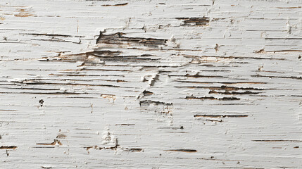 Close up textured background of weathered peeling white paint on aged distressed wooden planks showing natural grain and imperfections