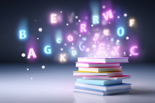 Colorful stack of books with glowing letters floating above in a creative learning environment - Powered by Adobe