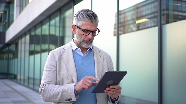 Busy mature older business man executive standing in office using digital tablet. Middle aged professional businessman corporate manager wearing suit and glasses holding tab working on finance project