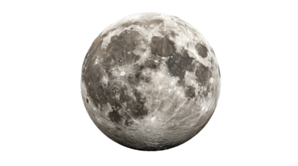Detailed textured surface of the full moon sphere isolated on white background, cut out transparent
