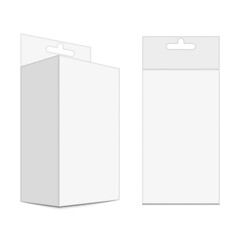 Blank cardboard packaging box with hanging tab mockup front and isometric view isolated on white background, realistic 3d vector presentation product container template for branding merchandise.