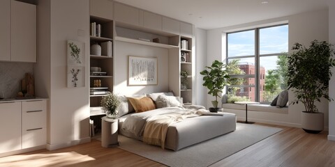 Minimalist compact studio with efficient use of space and natural light