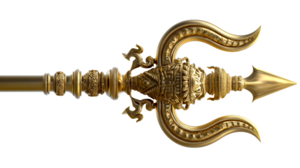 Ornate Golden Trident Weapon with Intricate Detailing, cut out transparent