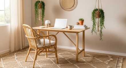 Beige and Natural Wood Home Office with Hanging Plants and Woven Decor