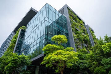 Sustainable green building design showcasing ecofriendly architecture with vertical gardens against a modern urban backdrop