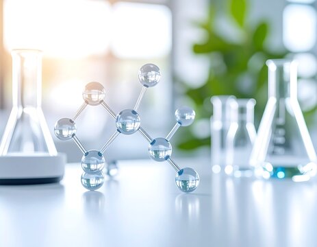 Transparent molecular model on a lab table with beakers