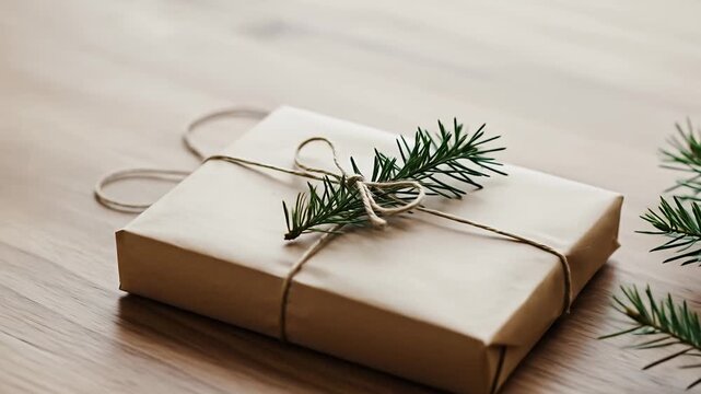 Natural Wrapped Gift Box with Evergreen Branch on Wood Table