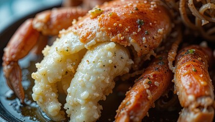 Close-up view of flavorful, seasoned crab legs glistening with butter and spices, served with a side of noodles.