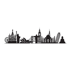 Obraz premium Famous world landmarks silhouette skyline. Global travel and tourism vector illustration with iconic monuments