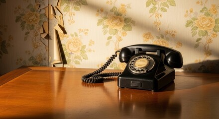Vintage Black Rotary Phone on Wooden Desk, Damaged Floral Wallpaper Background
