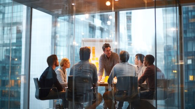 Manager guiding project planning session in elegant glass tower office