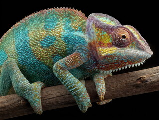Obraz premium Chameleon climbing a branch exotic habitat wildlife photography close-up vibrant colors nature's beauty