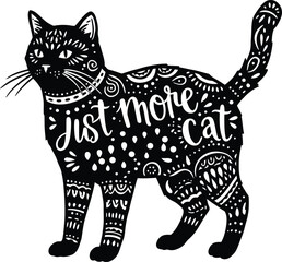 Beautiful hand-drawn, ornate vector illustration of a black cat with intricate bohemian and zentangle-style patterns and the text 