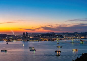 Spectacular Busan South Korea cityscape with illuminated bridge during sunset