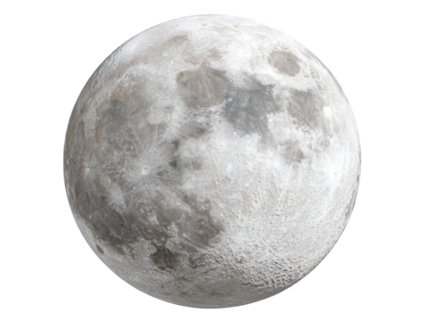 Full Moon on Transparent Background: Detailed Grey Lunar Surface