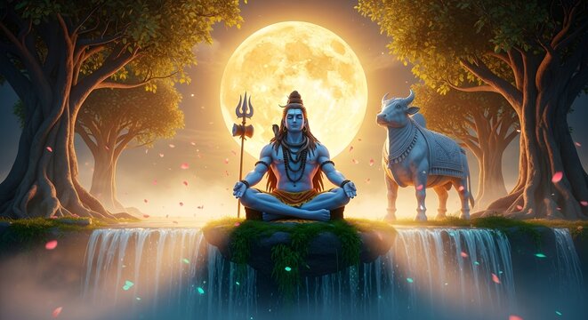 Lord shiva meditating serenely under a full moon, accompanied by nandi the bull, in a mystical forest setting with waterfalls