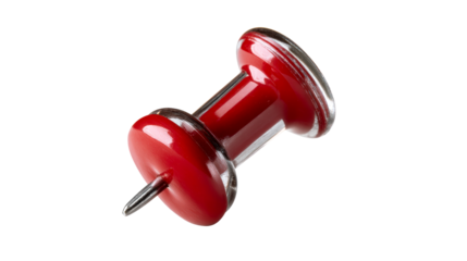 Red metal thumbtack with a sharp silver point on a white background, cut out transparent