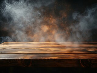 Empty Wooden Table with Smoke Drifting on Dark Background for Mysterious Theme and Conceptual Art Design