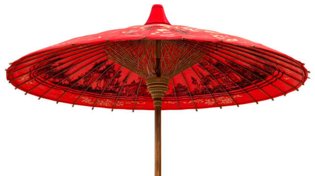 Traditional Red Asian Paper Umbrella with Intricate Black Silhouette Designs, cut out transparent - Powered by Adobe