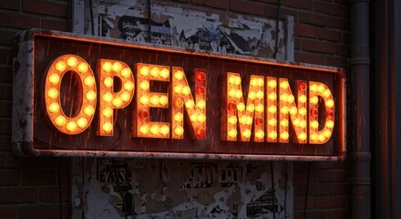 Illuminated "Open Mind" Sign in Rain, Grungy Brick Wall Background