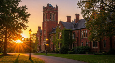 Red brick university building at sunset.
