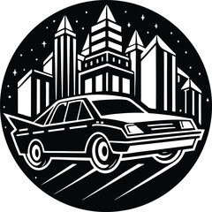 Vector art of black and white illustration of a vintage sedan with fins driving through a futuristic cityscape at night
