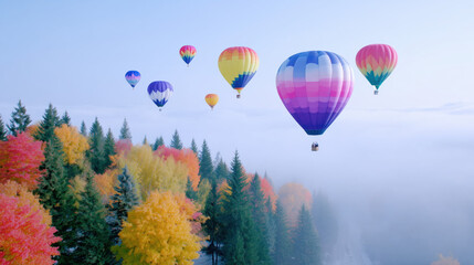 Obraz premium Colorful hot air balloons soaring above vibrant autumn trees in a serene landscape