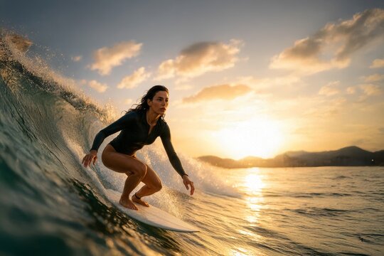 Athletic woman surfing on a wave during golden sunset, focused and balanced in action.