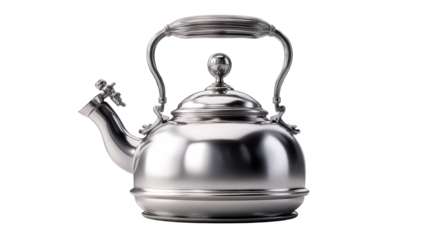 Polished Silver Teapot with Ornate Handle and Spout Detail, cut out transparent