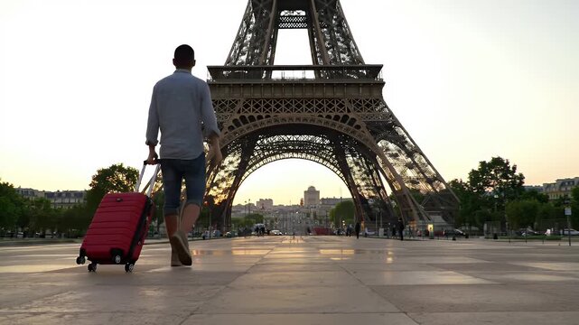 Man with Red Suitcase Walking Towards Eiffel Tower in Paris at Sunrise