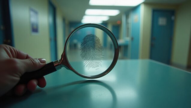 Lupa que inspecciona peque&ntilde;as huellas dactilares en la superficie del vidrio, escena de investigaci&oacute;n forense con iluminaci&oacute;n suave de la estaci&oacute;n de polic&iacute;a