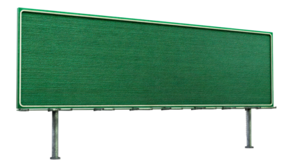 Empty green highway billboard structure with textured surface on white background, cut out transparent