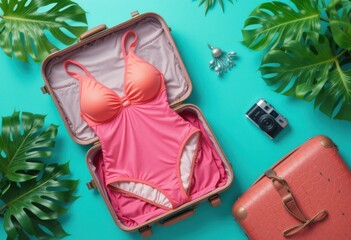 Traje de baño, maleta abierta y cámara colocadas casualmente sobre un fondo verde azulado vibrante, concepto de vacaciones de verano