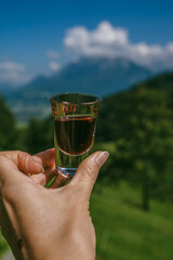 A small glass of herbal liqueur  in the heart of the Alpine mountains &mdash; rich in wild aromas, crafted from natural herbs, and infused with the spirit of tradition and mountain air.
