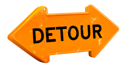 Orange detour arrow sign with black lettering on a white background, cut out transparent