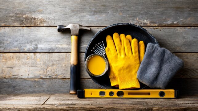 Renovation Accessories Including Hammer Nails Paint Tray and Yellow Gloves on Rustic Wood Planks