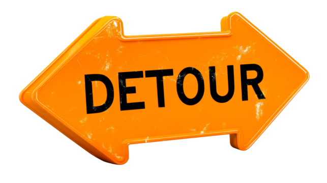 Orange detour arrow sign with black lettering on a white background, cut out transparent