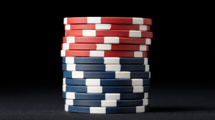 Casino chip stack with red and blue chips on black background