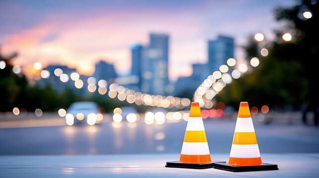 Traffic cones positioned on urban street