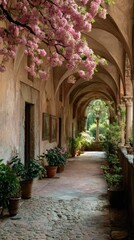 Fototapeta premium Flower-lined walkway in the courtyard