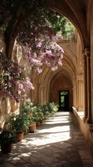 Fototapeta premium Colorful flowers line a sunlit corridor of arches