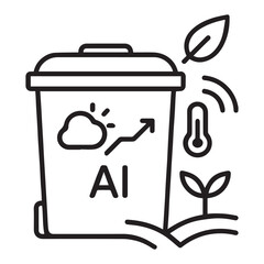 An icon depicting a smart bin with AI technology, symbolizing efficient waste management and environmental care with growth and weather elements.