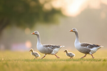 Obraz premium Family of geese walking together in a lush green field during a serene sunset atmosphere