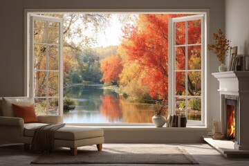 Obraz premium Cozy retirement lake view with vibrant fall foliage and serene reflections