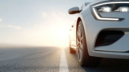 Fototapeta premium Modern car front view with tire on road at sunset light
